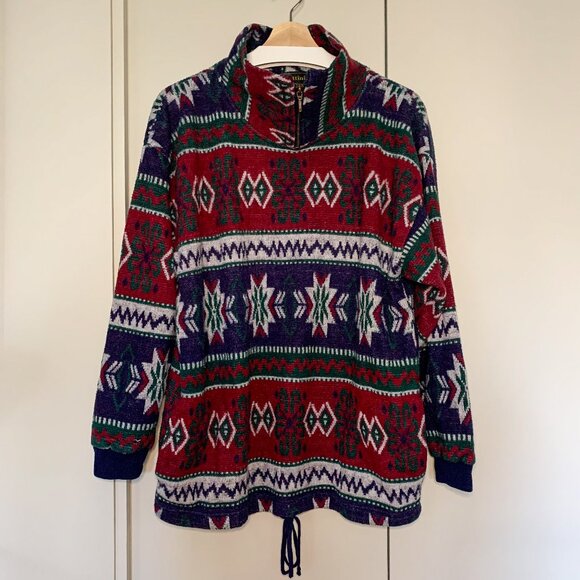 90s Vintage Bruttini Uomo Men's Geometric Mock Neck 3/4 Zip Fleece Sz Large - Picture 3 of 17